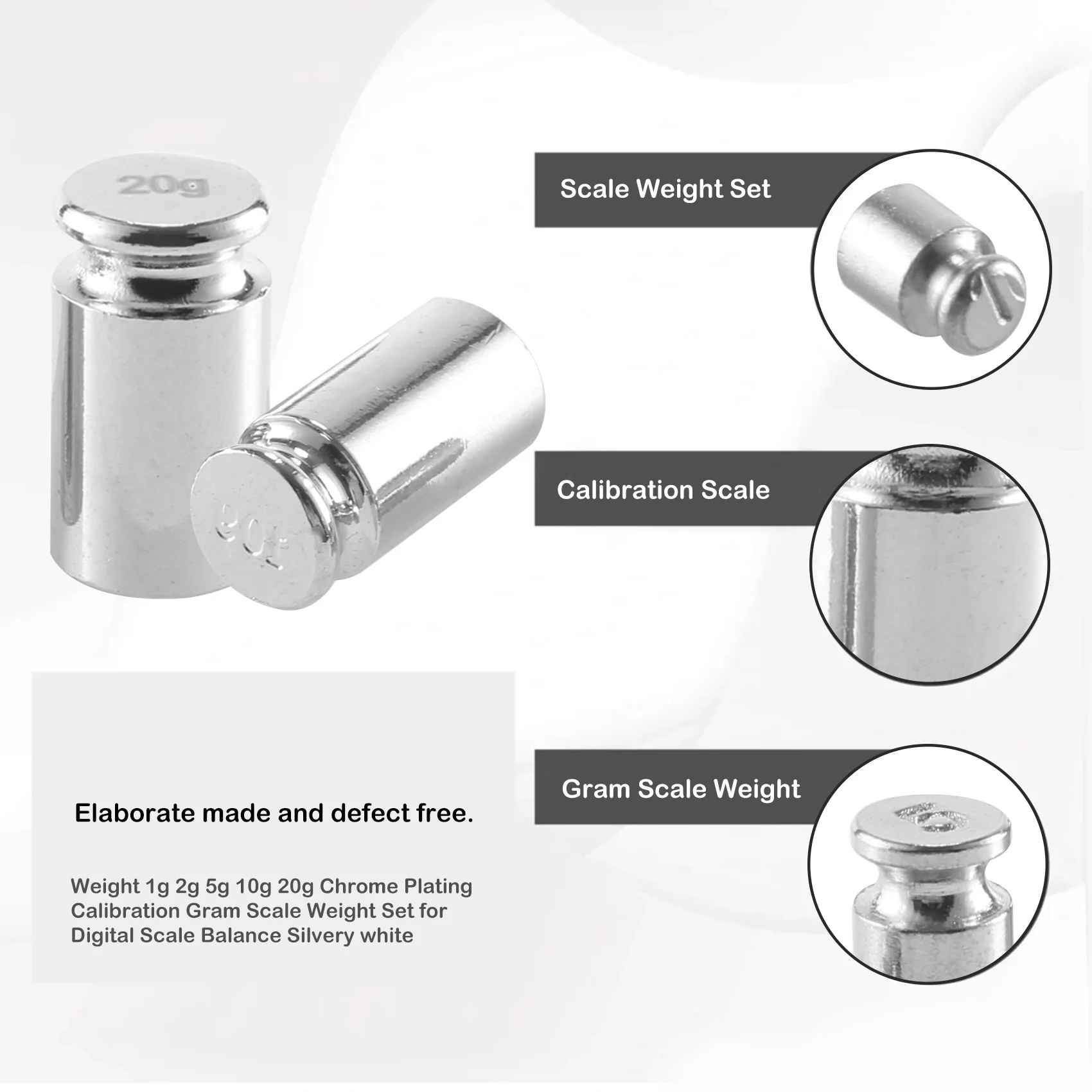 ABFKL الوزن 1 جرام 2 جرام 5 جرام 10 جرام 20 جرام الكروم تصفيح معايرة غرام مقياس الوزن مجموعة للمقياس الرقمي التوازن فضي أبيض #3