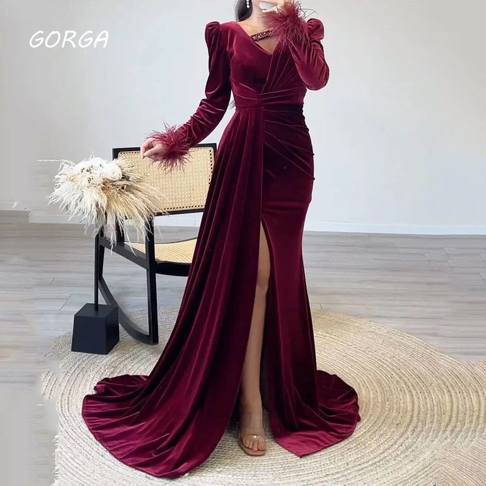 

GORGA Red V-Neck Mermaid Evening Gowns Women's Feathers Long Sleeve Party Prom Dress Floor Length Formal Occasion Gown