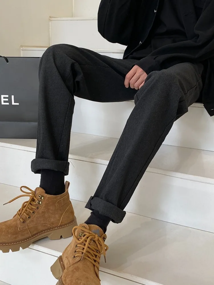 Men's Thiened Woolen Straight Leg Pants Autumn Winter Faionable Slim Fit Trousers for  Boots Briti Sle Casual P...