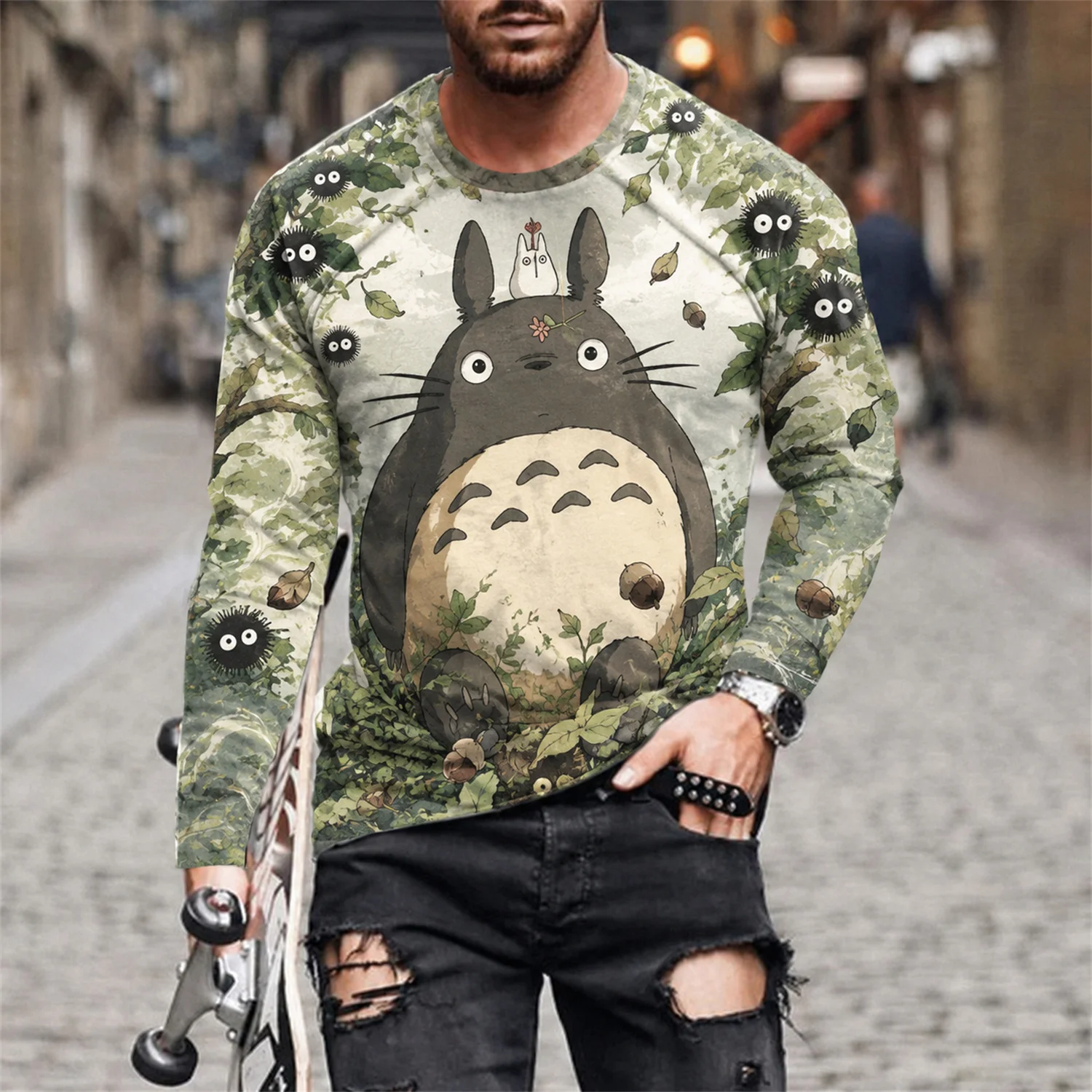 2026 Totoro Soot Sprite Forest All-Over-Print Langarm-T-Shirt, Anime-Kleidung für Männer und Frauen, Alltags- und Freizeitoutfit für die Straße – Detail 3