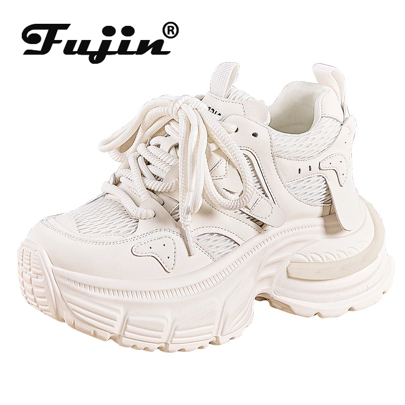 

Fujin 9 см, новые сетчатые синтетические дышащие вулканизированные летние кроссовки из микрофибры на платформе, кожаная женская обувь, повседневная обувь высокого бренда