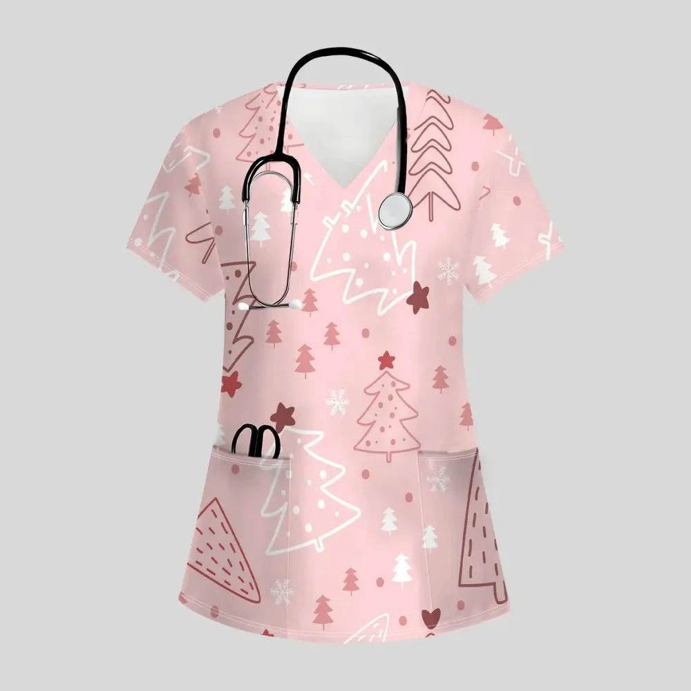 ชุดยูนิฟอร์มพยาบาลลายการ์ตูนคริสต์มาสสำหรับผู้หญิง แฟชั่นคอวี แขนสั้น สวมใส่สบาย