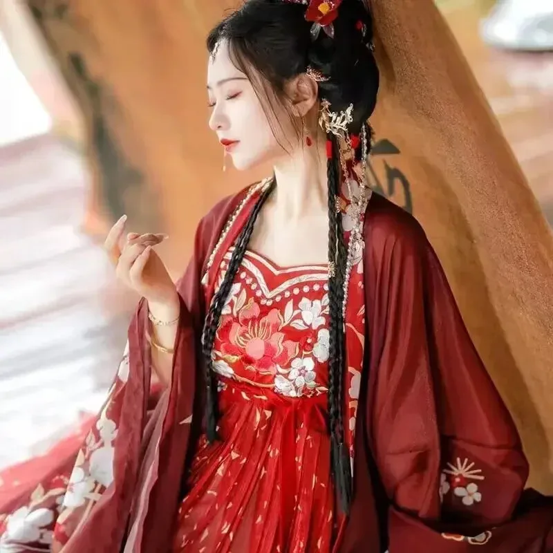 

Chinese Women Traditional Vintage Halloween Cosplay Costume Summer Dance Dress Hanfu Gradient Red 3pcs Sets