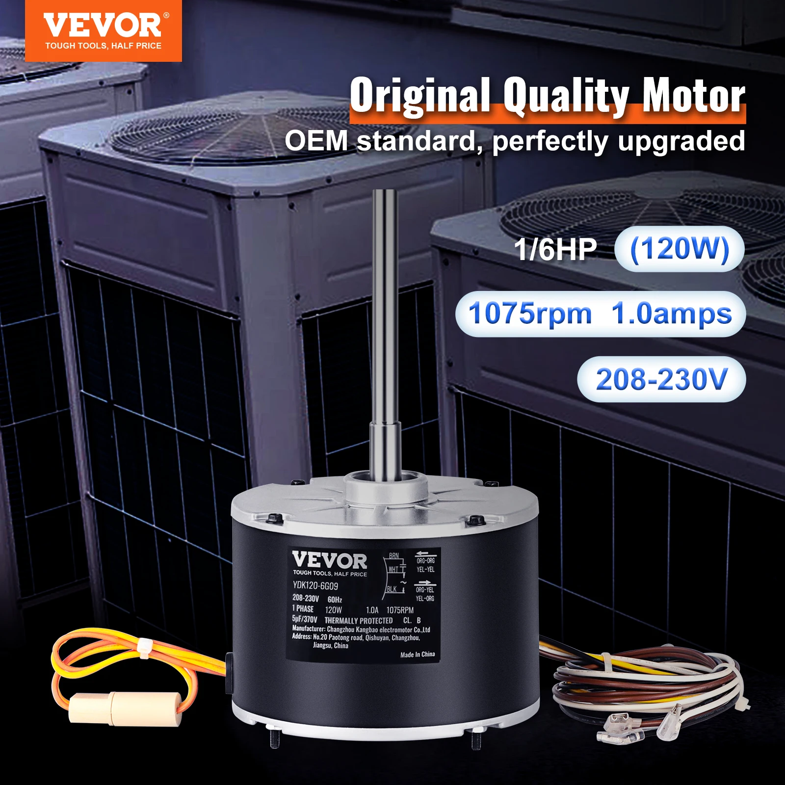 VEVOR Condenser Fan Motor 1/6 HP 208-230V 1075RPM OEM Standard Upgraded Condenser Single Phase Motor Explosion-proof Capacitor