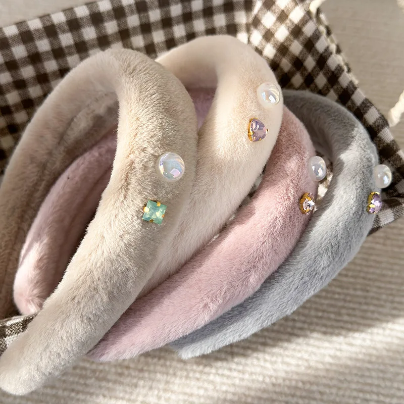 New Retro Pearl Rhinestone Plush Texture Sponge Thickened Headbands Simple Solid Color Hairbands Woman Fashion Elegant Hair Hoop