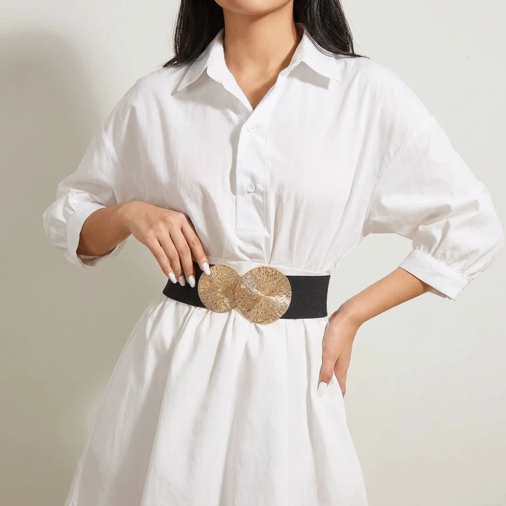 

Double Circle Elastic Cummerbunds Metal Round Buckle Alloy Waist Corset Belts Stretch Waistband Korean Style Wide Belt Girl