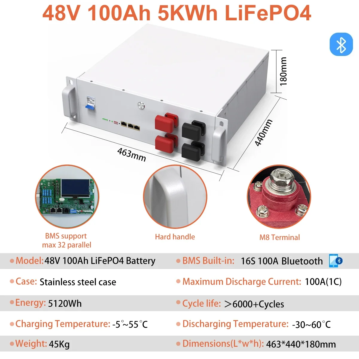 LiFePO4 48V 100AH 200AH Battery Pack 51.2V Lithium Solar Battery 6000+ Cycles With 16S BMS Max 32 parallel For Inverter EU Stock