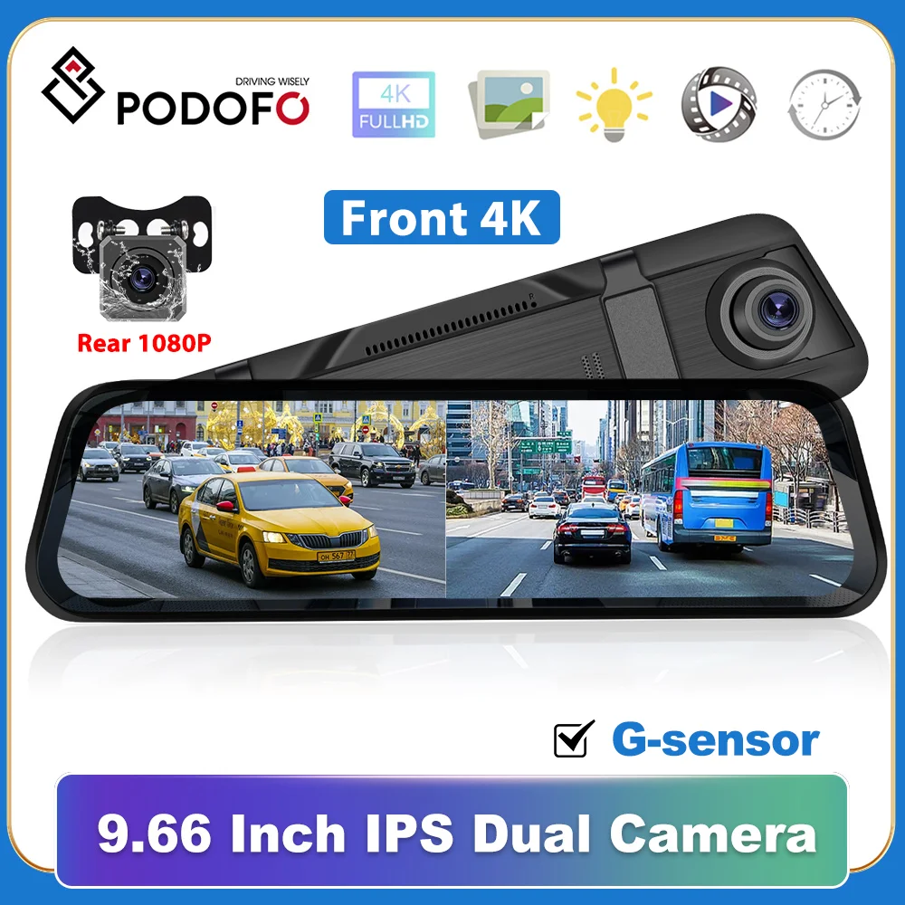 Podofo-Cámara de salpicadero con GPS y ADAS para espejo retrovisor, grabadora automática de 9,66 ", 1080P, USB, tarjeta TF, reproductor Multimedia Android, DVD y aparcamiento