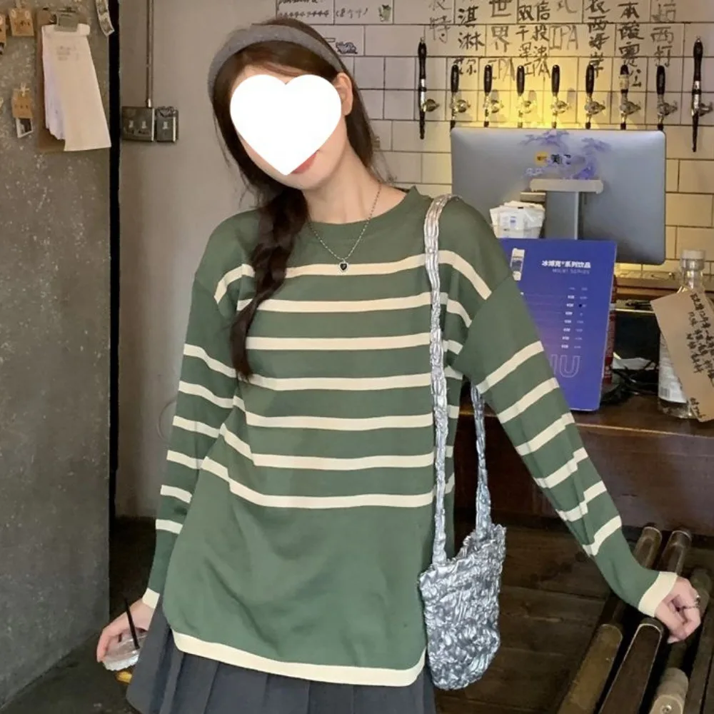 

Simple V-neck Stripe Long Sleeve Top Thin Slim Fit Y2k Patchwork Knitwear Pullover Lapel Stripe T-Shirt Woman