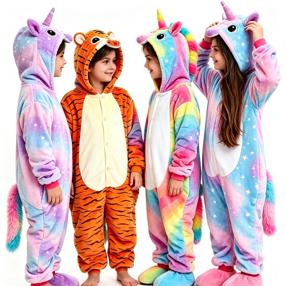 Kigurumi Pajamas Kids Onesies Bear Unicorn Tiger Rabbit Boys Pyjama Jumpsuit Girls Pjs Hooded Warm Winter Animal Cosplay Costume