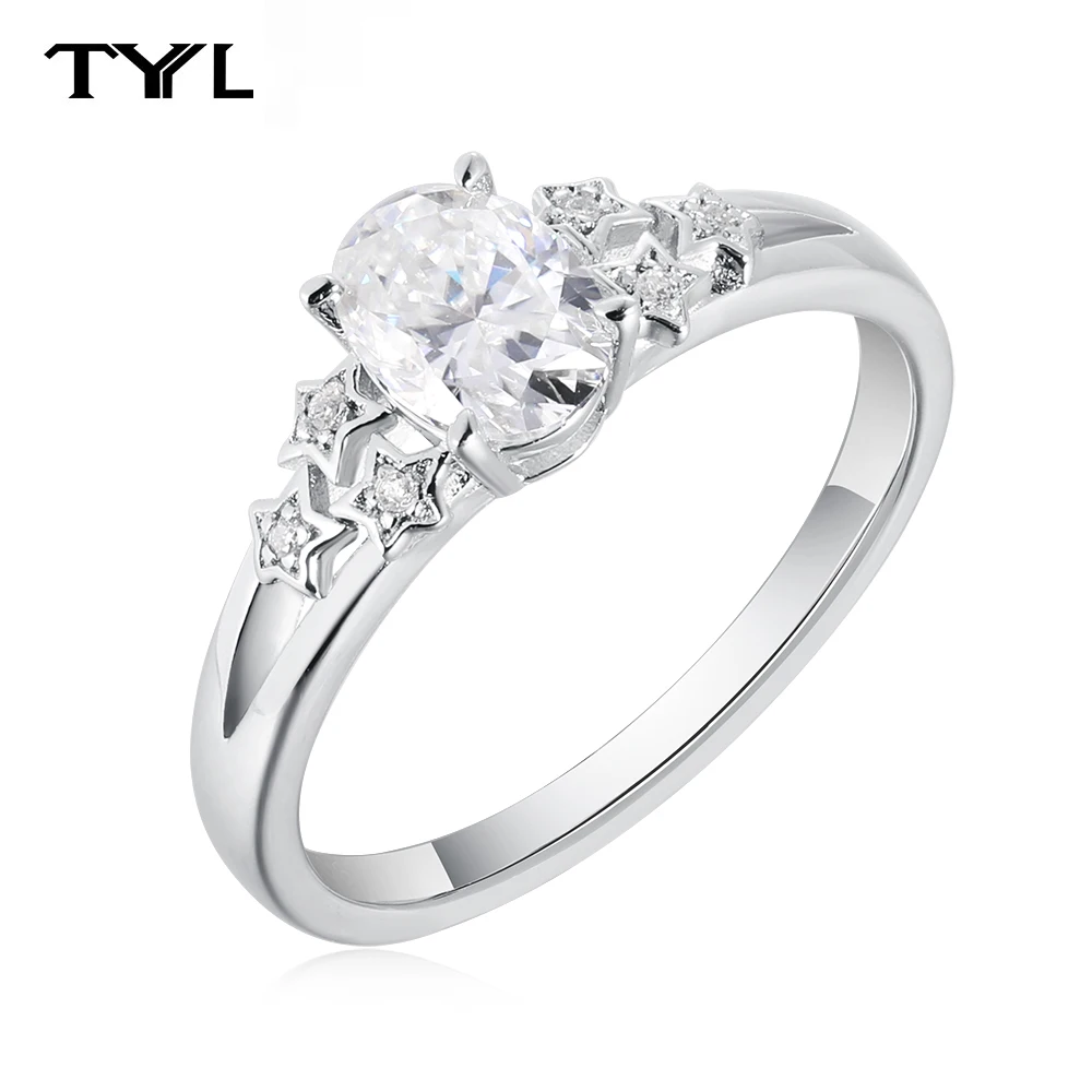 

TYYL 1CT Oval Moissanite Ring for Women Little Star Design 925 Silver Finger Jewelry Wedding Party Engagement Band Gift for Her