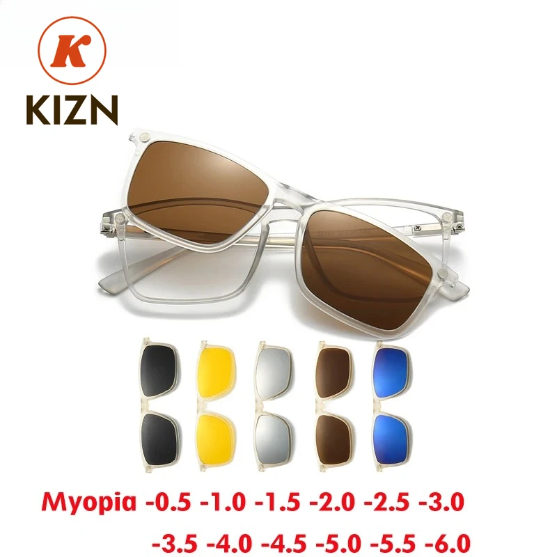 

KIZN 1 + 5 магнитные поляризационные очки для близорукости, прозрачная оправа, квадратные оптические очки для вождения, очки по рецепту для мужчин и женщин -0,5 ~-6,0