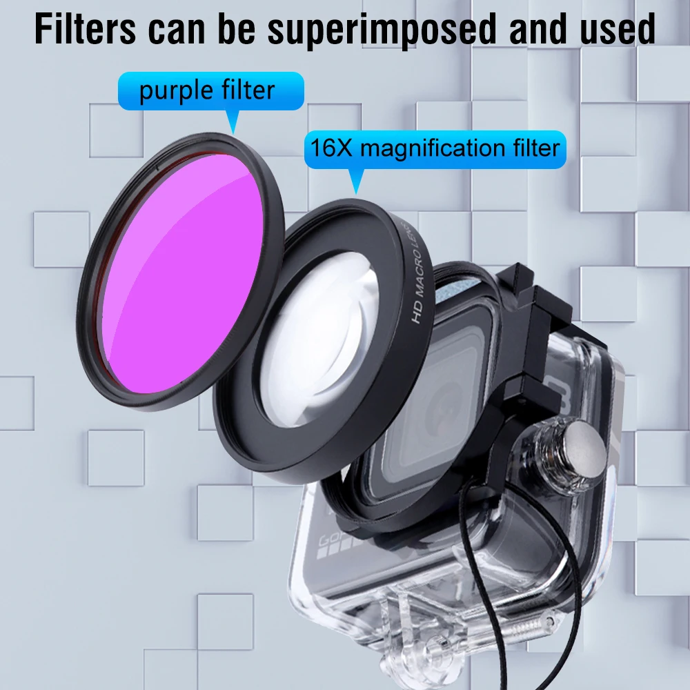 16X Macro HD Filter for GoPro 12 11 10 9 Black Waterproof Diving Photography Fuchsia Filter + Lens Cap + Action Camera Accessory