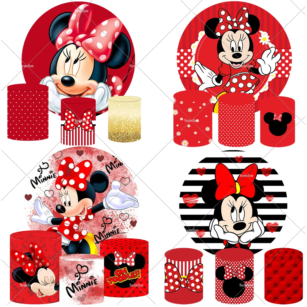 

Красный круглый фон с Минни Маус для девочек, украшения на день рождения, новорожденный детский душ, круглый фон для первого дня рождения, баннер