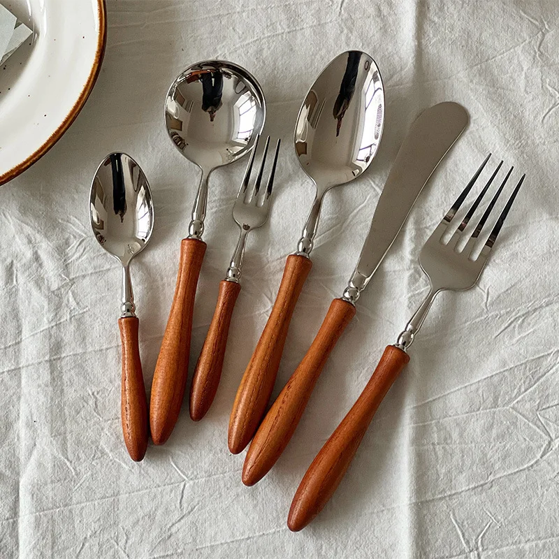 5/6PCS Toon Wood Stainless Steel Cutlery Sets Full Dinner Table Service Natural Fork Spoon Kinfe Wedding Luxury Decoration