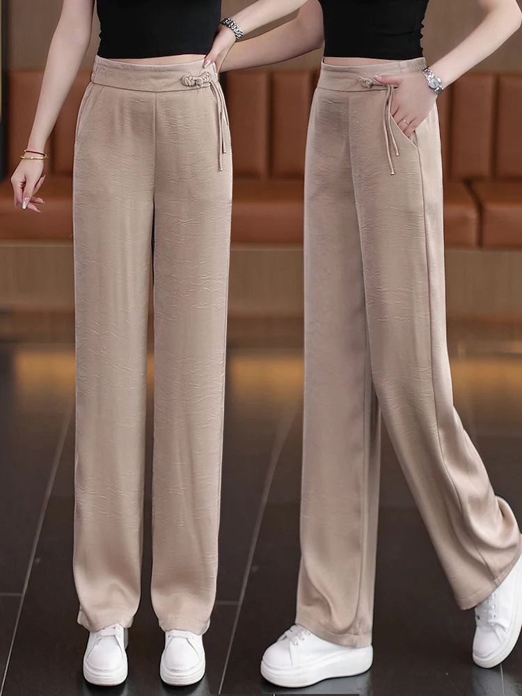 

Acetate Satin Wide Leg Pants Women Summer Thin New Chinese Style National Style Button Ice Silk Straight Leg Pants