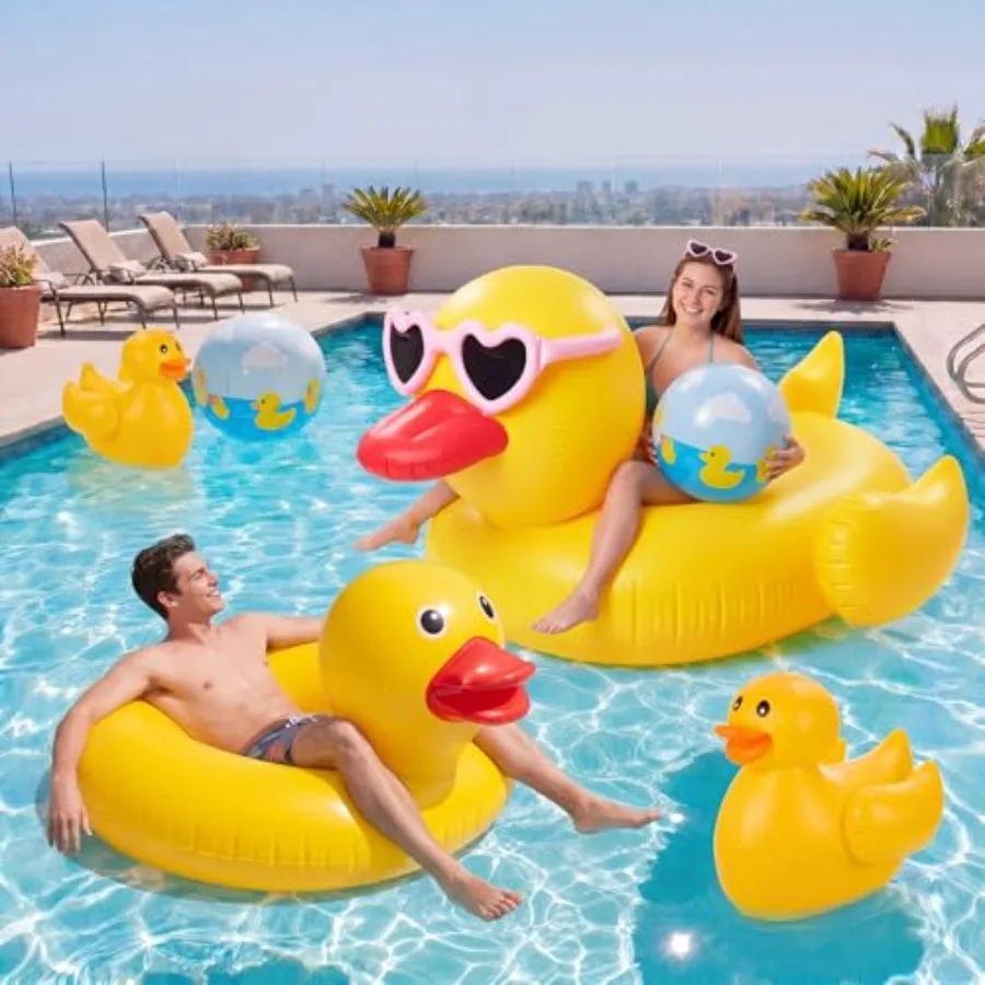 Summer beach pool decor: inflatable rubber duck set in yellow, featuring 6 pcs including 40 large duck rings, 16 small ducks, 6