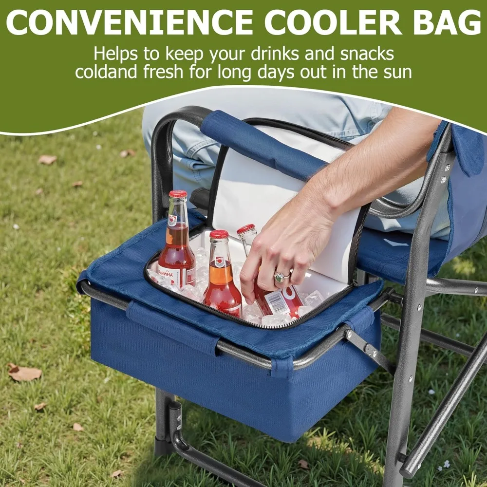 كرسي مدير التخييم المحمول القابل للطي كبير الحجم للبالغين مع طاولة جانبية وحقيبة تبريد شديدة التحمل لصيد الأسماك على الشاطئ في الهواء الطلق