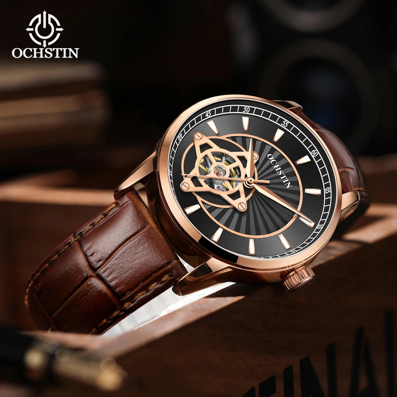 OCHSTIN Master Series Men Skeleton Mechanical Watch Premium Genuine Leather Strap  Daily Waterproof Luxury Business Wristwatch