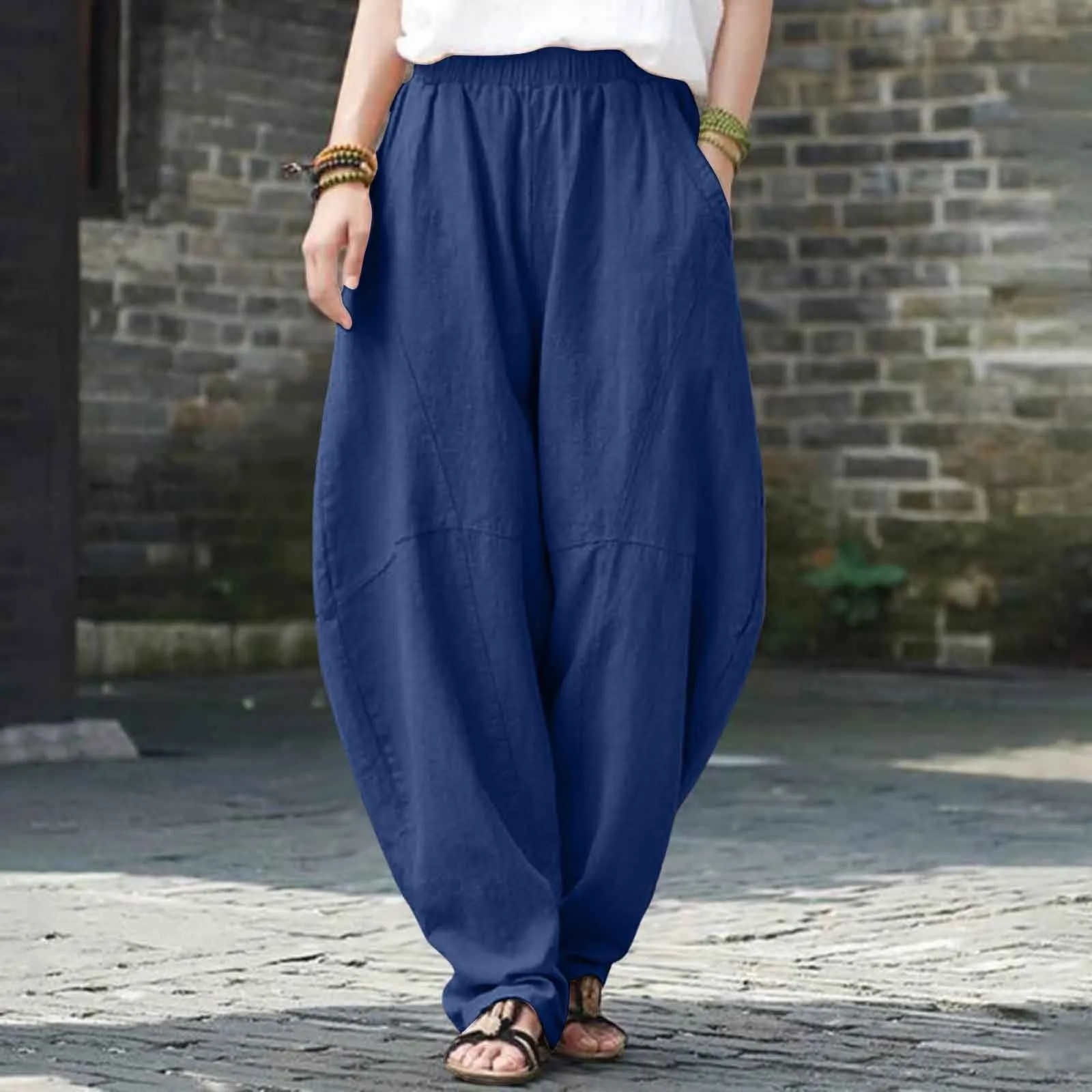 

Spring Summer Fashion Women's Cotton Linen Casual Pants Female Elastic Waist Solid Color Simple Loose Cozy Ankle Length Trousers