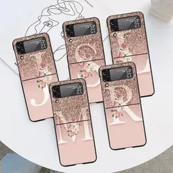 Letter Pink Shiny M R Case for Samsung Galaxy Z Flip 4 3 5 5G Flip Shockproof Capa 6.7 Inches Black Hard PC ZFlip 4 Phone Cover