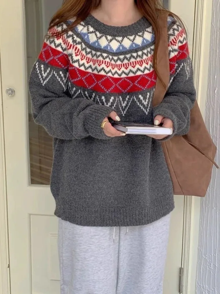 Nuevo estilo Preppy Argyle suéteres mujeres Vintage de gran tamaño suelto de punto jerseys coreano de manga larga Patchwork señora dulce Tops