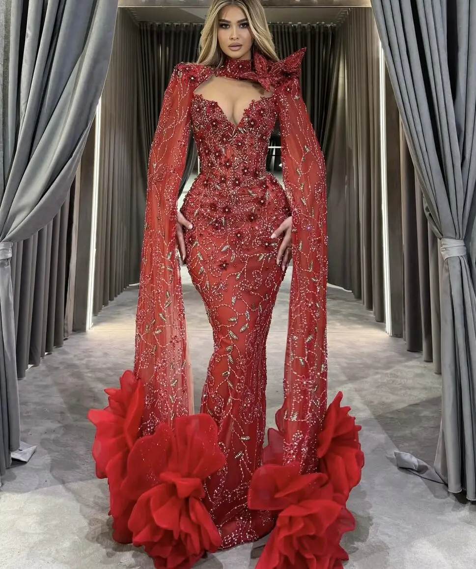 Abito da sera rosso con maniche lunghe a mantella che borda il pizzo 2025 Abiti per occasioni formali Hochzeitspartykleid Abiti da ballo personalizzati Dubai