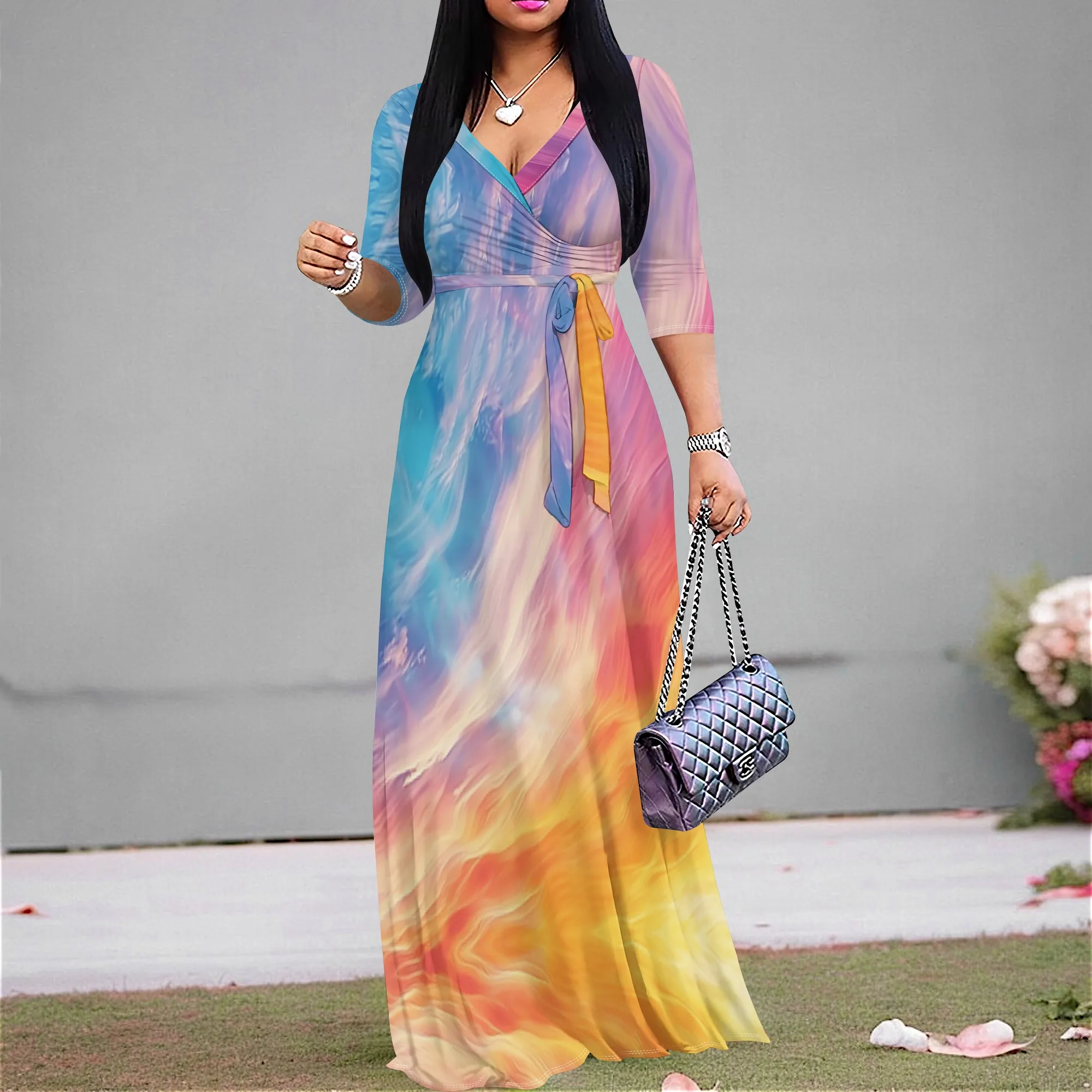 

Ombre Gradient Maxi Dress S-3XL V-Neck Belted for Summer Picnic, Beach Party or Spring Brunch Look