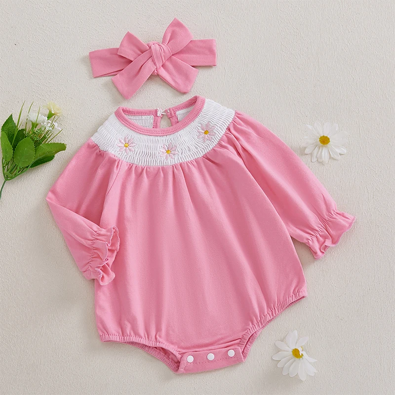 Infant Baby Girl Outfit Long Sleeve Smocked Floral Embroidered Bubble Romper Newborn Girl Fall Winter Spring Clothes