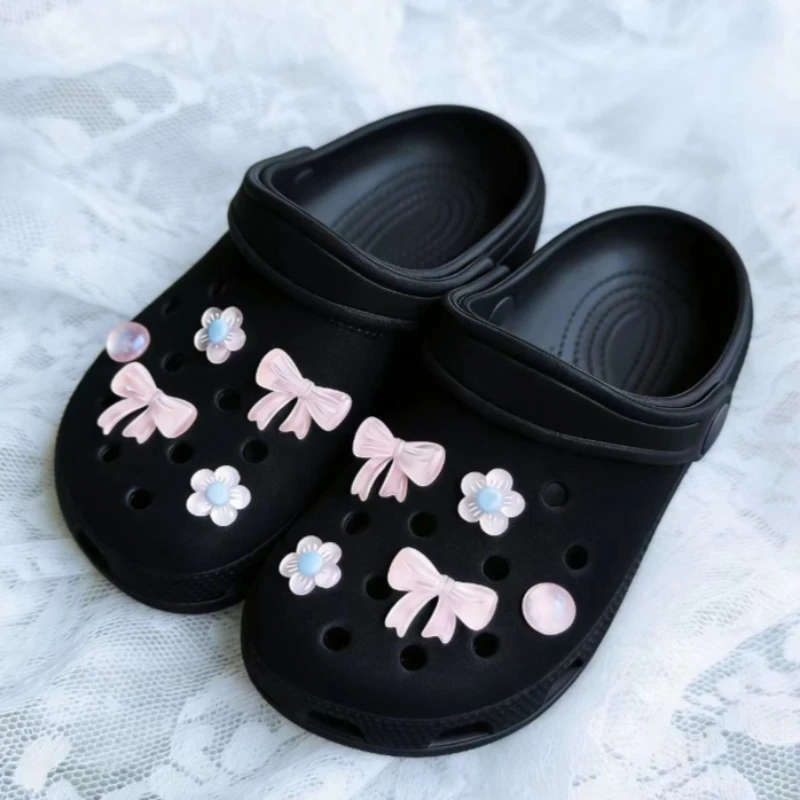Whole Set Hot Sale DIY Hole Shoes Charms for Pink Bow Flower Handmade Charms Designer Quality Garden Shoe Decoration Girl Gift