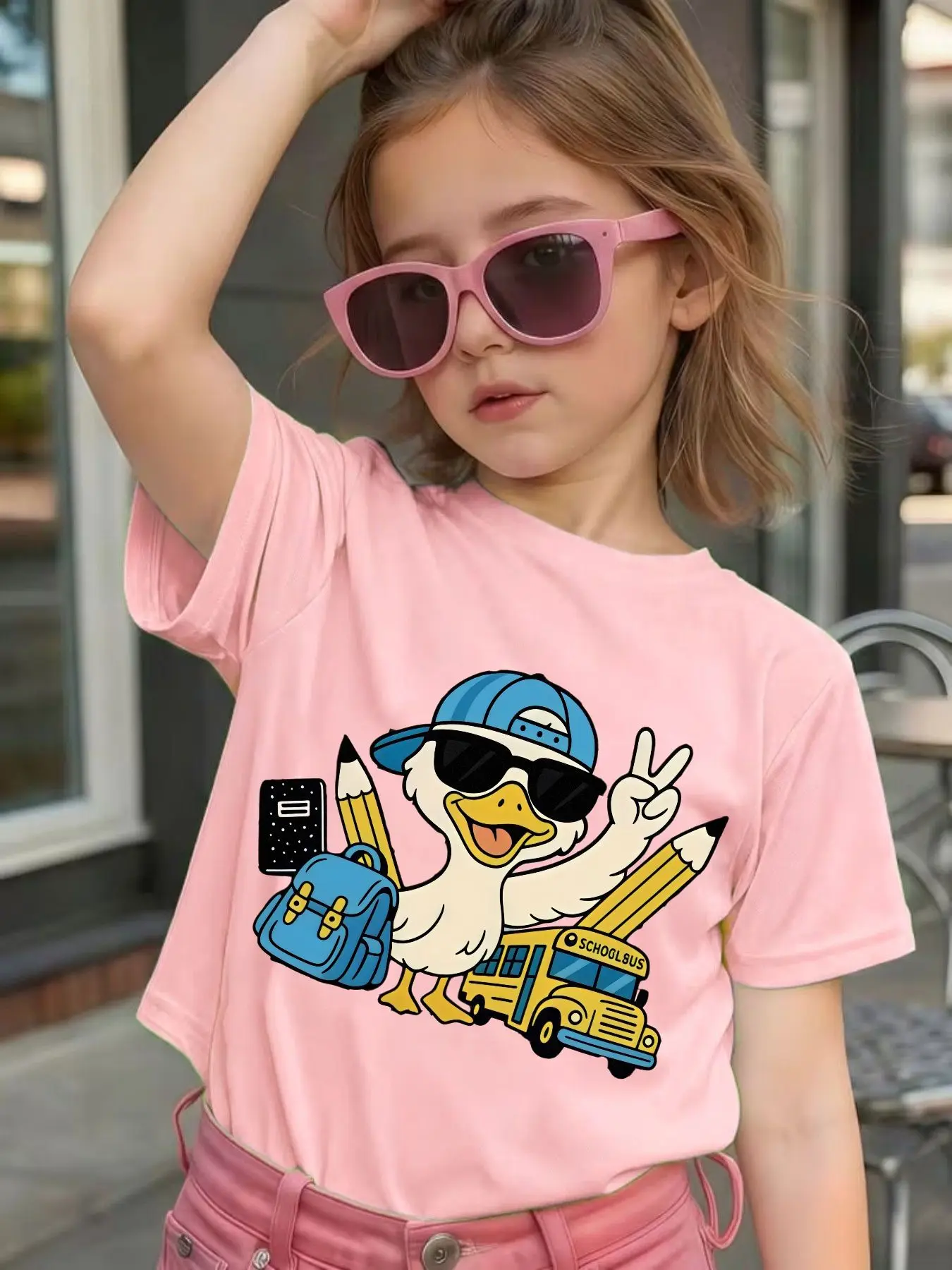 Cute Cool School Duck Cartoon Graphic Kids Tee Boys Girls Family Matching Cotton Crew Neck Short Sleeve Soft Summer Tee