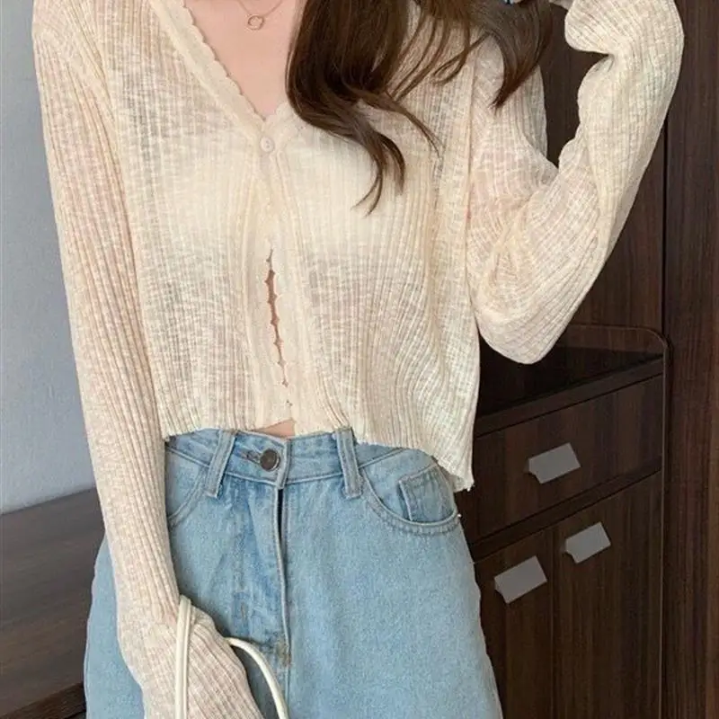 Lightweight Knitted Open Cardigan Women\'s Summer V-Neck Ice Silk Loose Outerwear Sun Protection Short Sleeve Long Sleeve Top