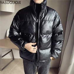 YASUGUOJI New Cotton-padded Men's PU Leather Jacket Casual Slim Bomber Jacket Men Warm Parka Mens Winter Puffy Jackets and Coats