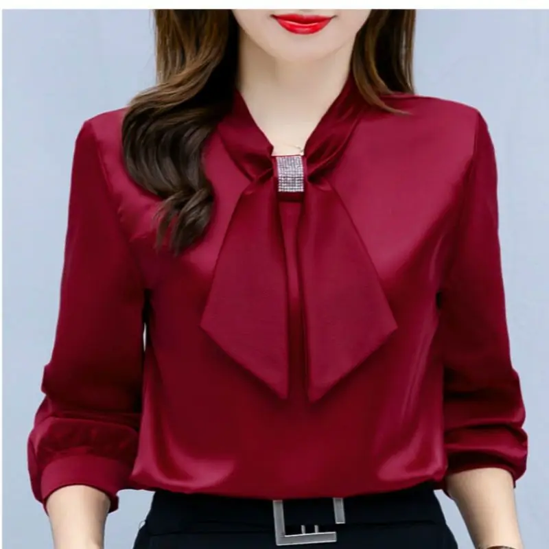 Büro Dame stilvolle V-Ausschnitt Schleife Bluse Frühling Herbst einfarbig grundlegende Damen bekleidung Langarm schicke Diamanten koreanisches Hemd
