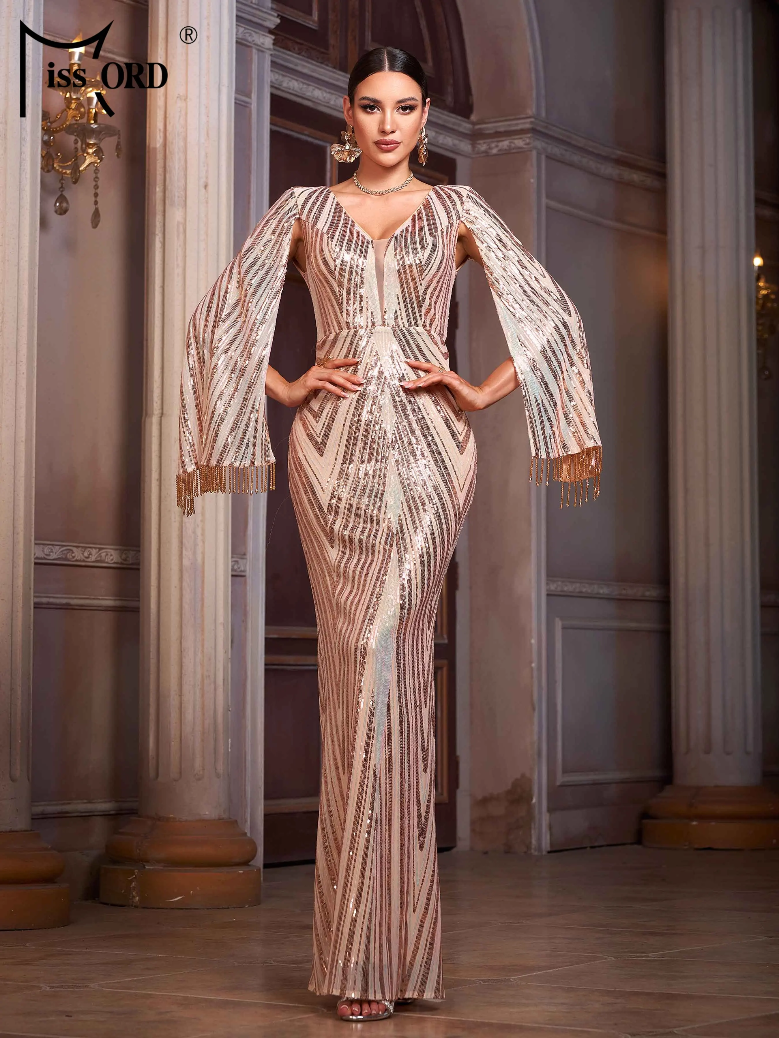 

Missord New V Neck Sequin Split Sleeves Elegant Mermaid Evening Gown Wedding Birthday Party Formal Occasion Graduation Dresses