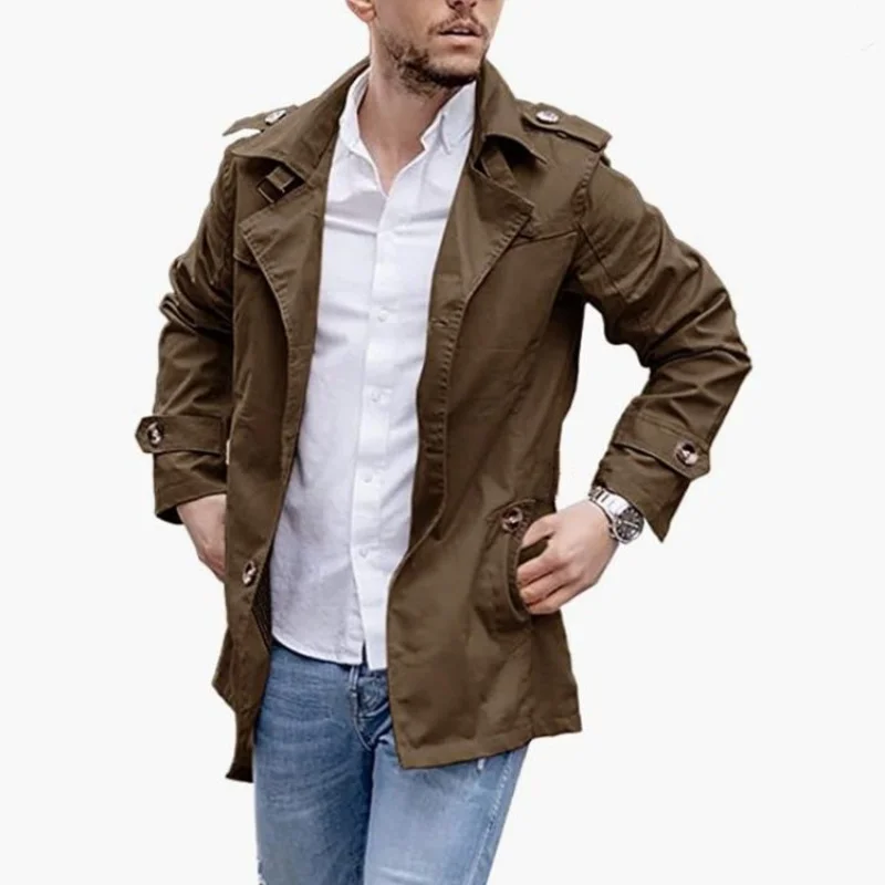 Streetwear Thin Jackets Man Matching Single-breasted Solid Jacket Mid-length Coats With Epaulettes Men\'s Clothing For Autumn