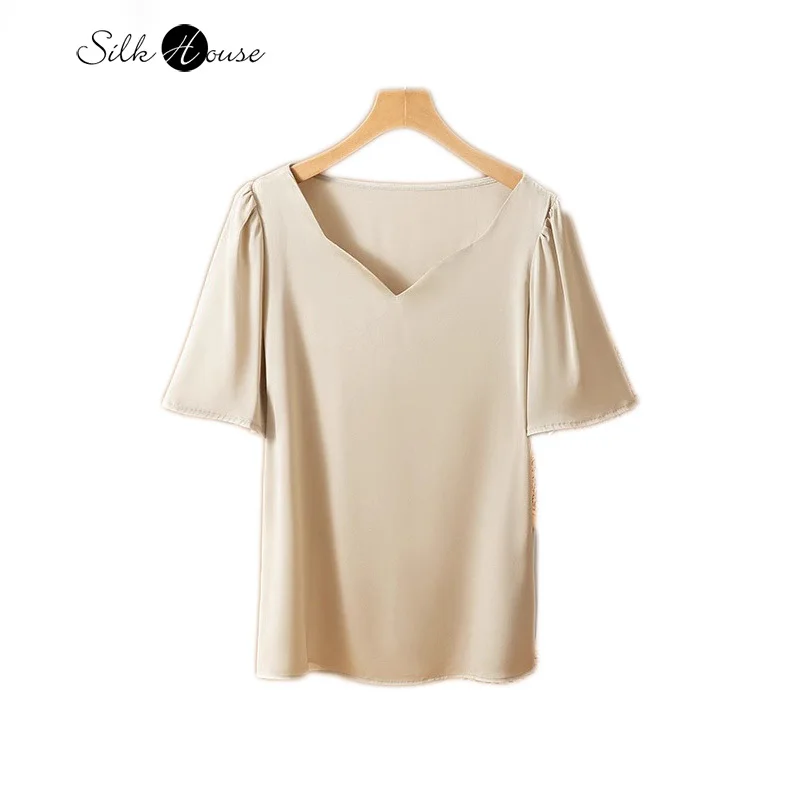 

Women's Casual Summer New 93% Natural Mulberry Silk Elastic Satin Lotus Collar Design Niche Short Sleeved Beige T-shirt