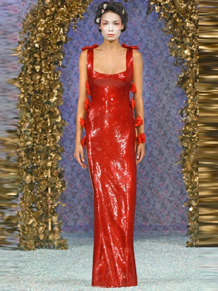 

Sexy Straps Glitter Sequins Side Split Bow Patchwok Long Dress Women Red Sequin Sleeveless Bownot Slim Dresses Evening Party