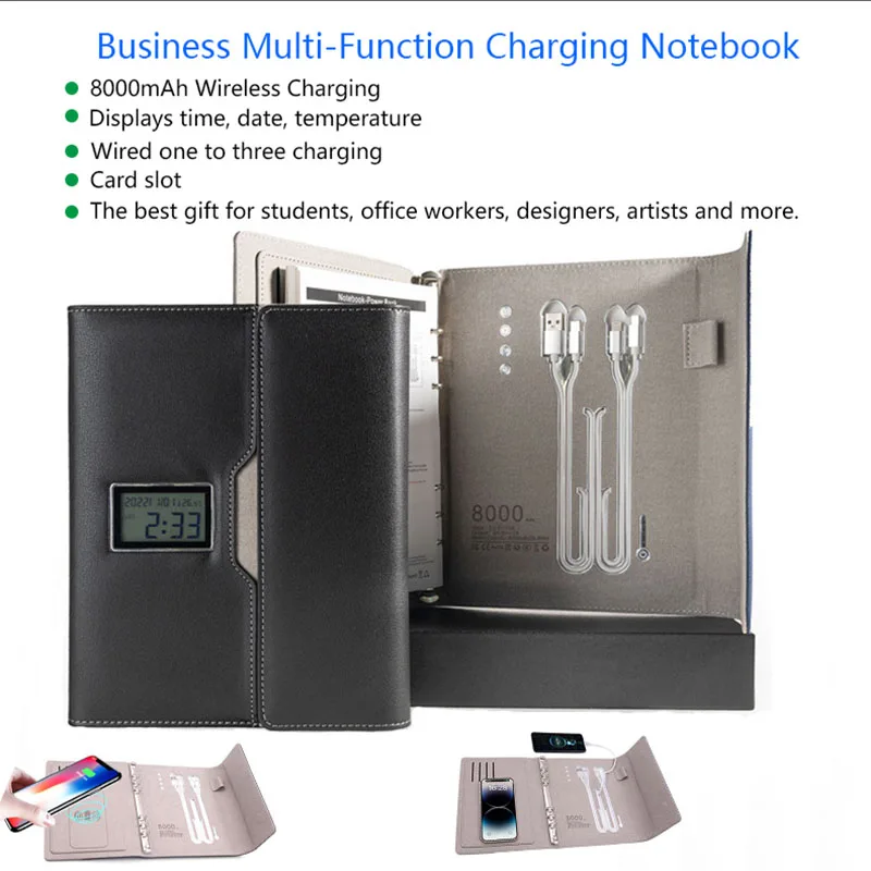Business Multi-Function Charging Notebook 8000mAh Wireless Charging Notepad A5 Clock Notebook Loose Leaf Book for Student Office