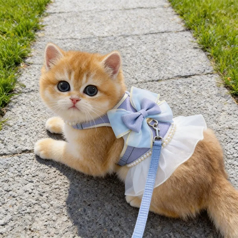 Adjustable Kitten Pink Bowknot Vest Style Escape Proof Cat Harness Leash with Breathable Mesh for Outdoor Walking Safety Pet