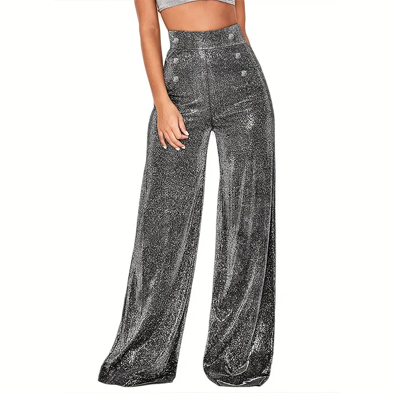 Y.KUKU Sexy Women Pants High Waist Winter Warm Clubwear Party Glitter Sequins Wide Leg Pants For Women Trousers High Quality