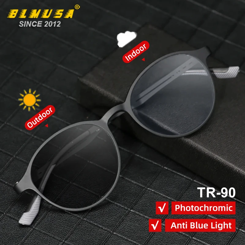 

BLMUSA UltraLight Titanium Leg Anti Blue Ray Reading Glasses Classic Round Photochromic Myopia Progressive Prescription Eyewear
