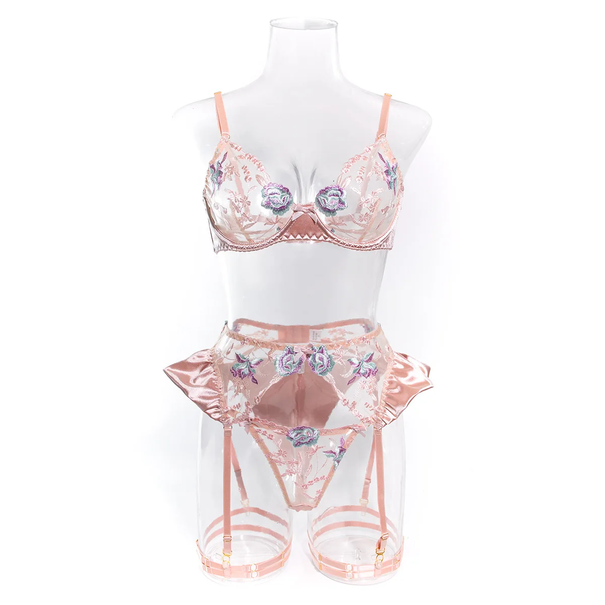 Lencería Sensual para mujer, ropa interior de seda transparente Floral elegante, liguero transparente, conjuntos exótico