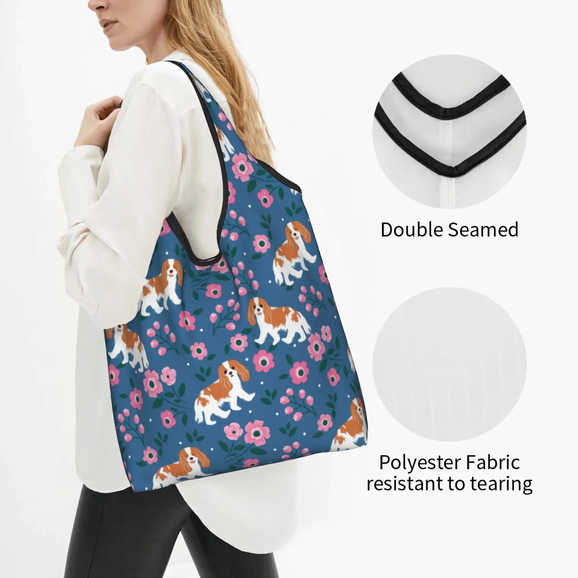 Cavalier King Charles Spaniel Playing in Garden  Grocery Shopping Bags Cute Shopper Tote Shoulder Bag  Portable Pet Dog  Handbag