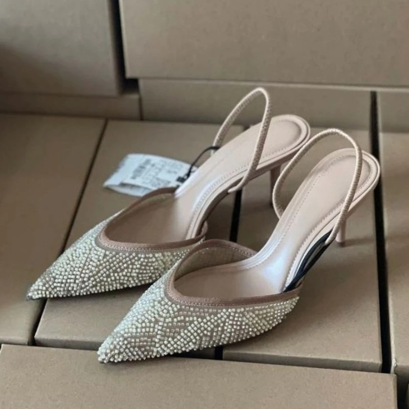 

Autumn Luxury Women Dress Pumps Mesh Embroidery Beads Pointed Toe Elegant Thin Strap Design Brand Wedding Lady High Heels Shoes