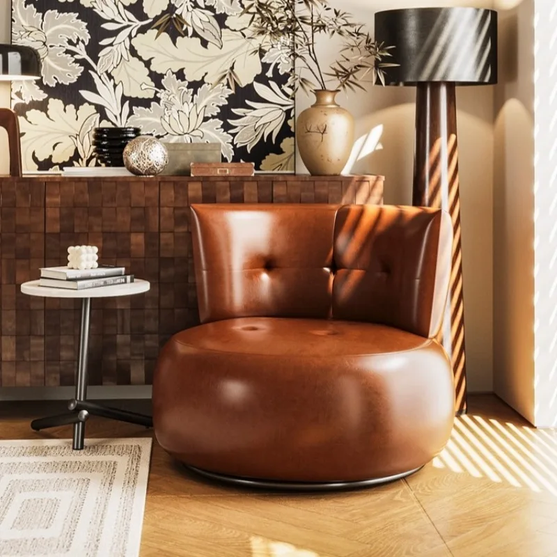 Retro leather sofa, rotatable single sofa, home living room, balcony leisure