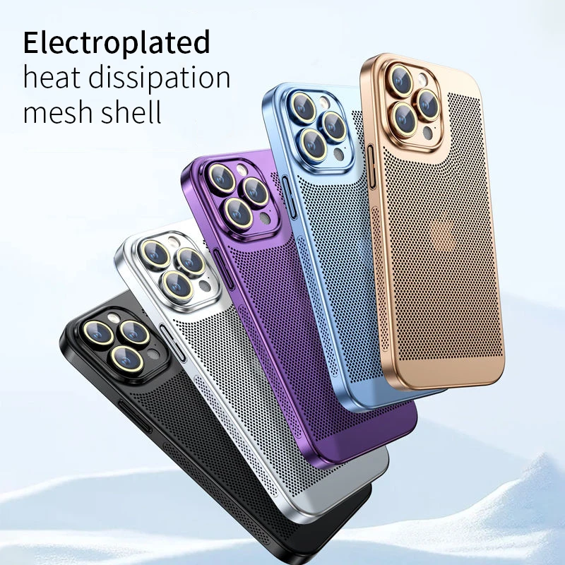 Cooling Hollow Phone Case For iPhone 16 15 14 13 12 11 Pro Max 13mini 12mini 16Plus XS XR X Heat Dissipation Electroplated Cover