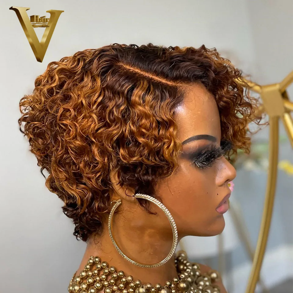 Ombre Brown Curly Human Hair Wigs 4X4 Short Pixie Cut Wigs 13X4 Lace Frontal Wigs Pre-Plucked Brazilian Remy Hair Wigs