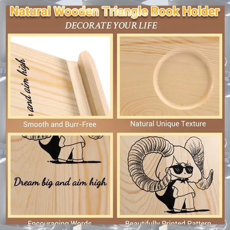 Hot Selling-Wooden Reading Stand Removable Triangle Book Stand With Cup Holder Multifunctional Recipe Shelf For Desktop Cartoon