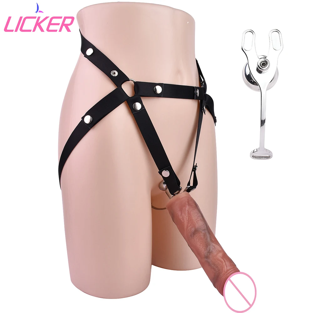 

LICKER Metal Dick Lock Chastity Belt Cock Cage With Fake Realistic Long Dildo Head With Strap BDSM For Men Pleasure Adults Game